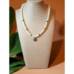 AERO 1987 Peace Necklace – Shell Heishi Beads, Green Accents, Boho Surfer Style